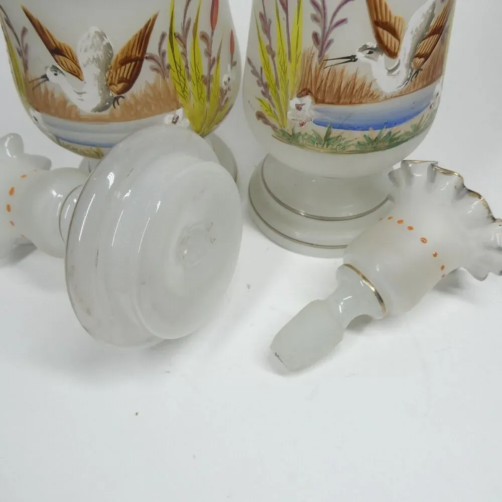 Handpainted Ducks Birds Frosted Glass Decanter Jar Candle Holder Vintage
